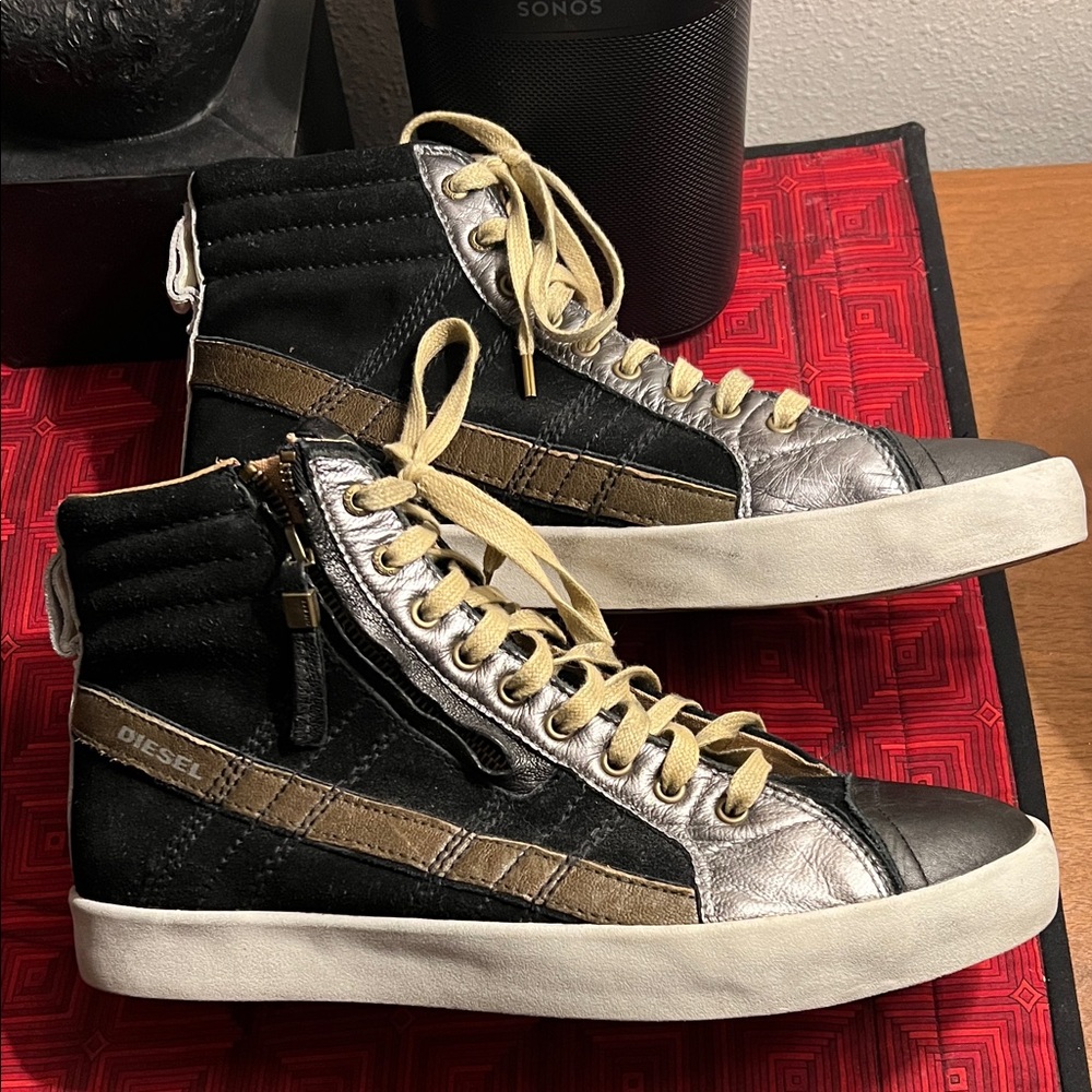 Diesel High-Top Sneakers in Black, Silver, and Brown